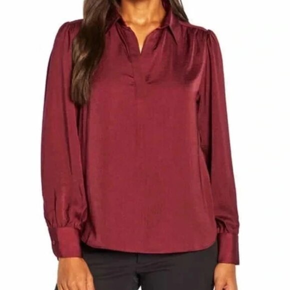 Banana Republic Tops - Banana Republic Women Long Sleeve V Neck Satin Pullover Burgundy Top Size XL